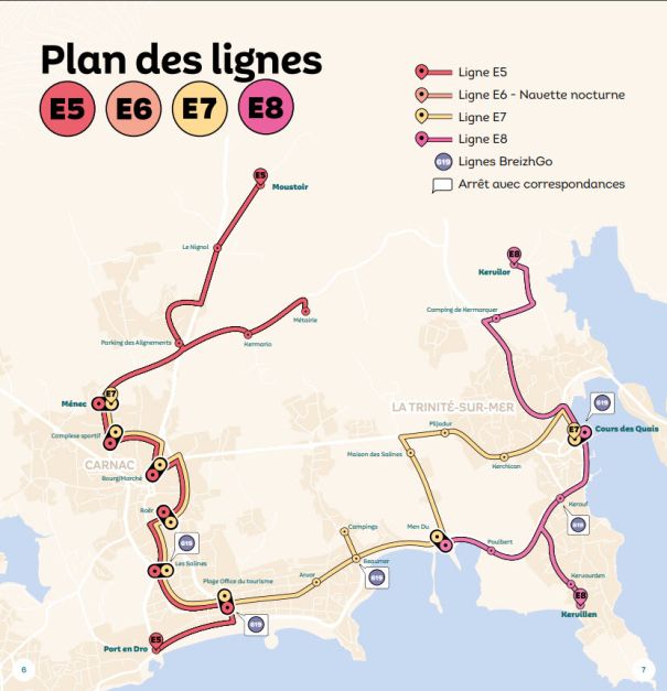 Linienplan der Shuttlebusse Carnac - La Trinite-sur-Mer